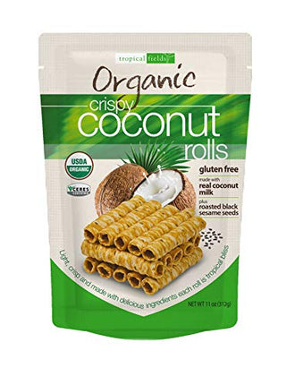 Organic Crispy Coconut Rolls, 11 Oz Pack- Made with Real Coconut and Roasted Black Sesame Seeds Gluten Free USDA Organic Wafer Roll Perfect Healthy Sn