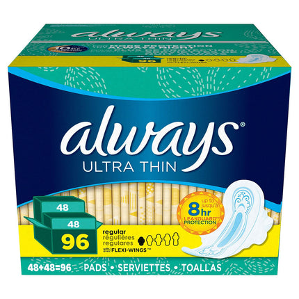 Always Ultra Thin Regular Pads, Unscented with Wings, 96 Count