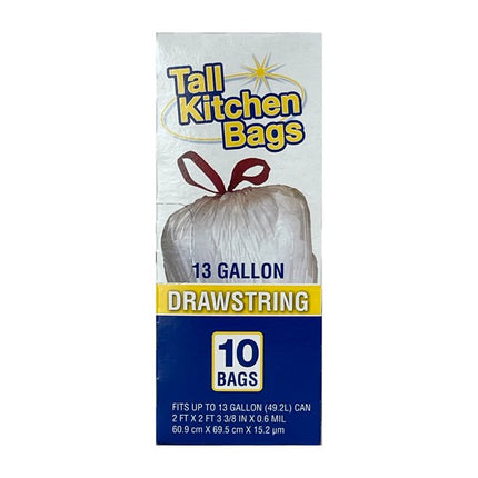 Home Select Drawstring Trash Bags, Tall Kitchen Bags, White , 13 gallon, 10 Ct