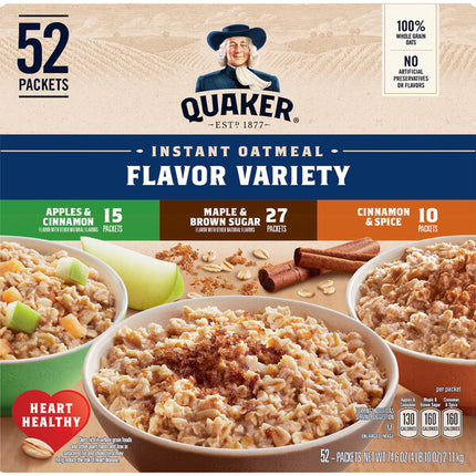 Quaker Oats Instant Oatmeal, Variety Pack, 52 Count