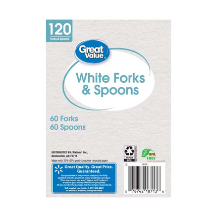 Great Value Everyday White Disposable Plastic Forks & Spoons, White, 120 Count