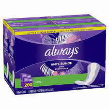 Always Anti-Bunch Xtra Protection Daily Liners, Long, Unscented 200 ct.