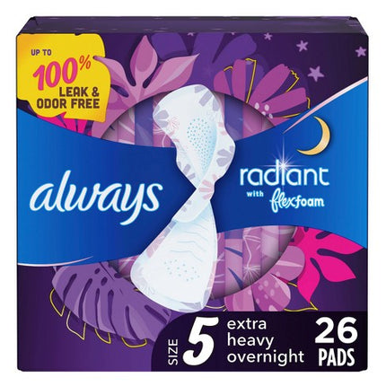 Always radiant with avec flexfoam size 5 extra heavy overnigth zero feel 26 Pads