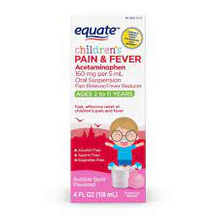 Equate Children s Pain Reliever Oral Suspension Liquid, Bubble Gum Flavor, Acetaminophen 160 mg per 5 mL, 4 fl oz